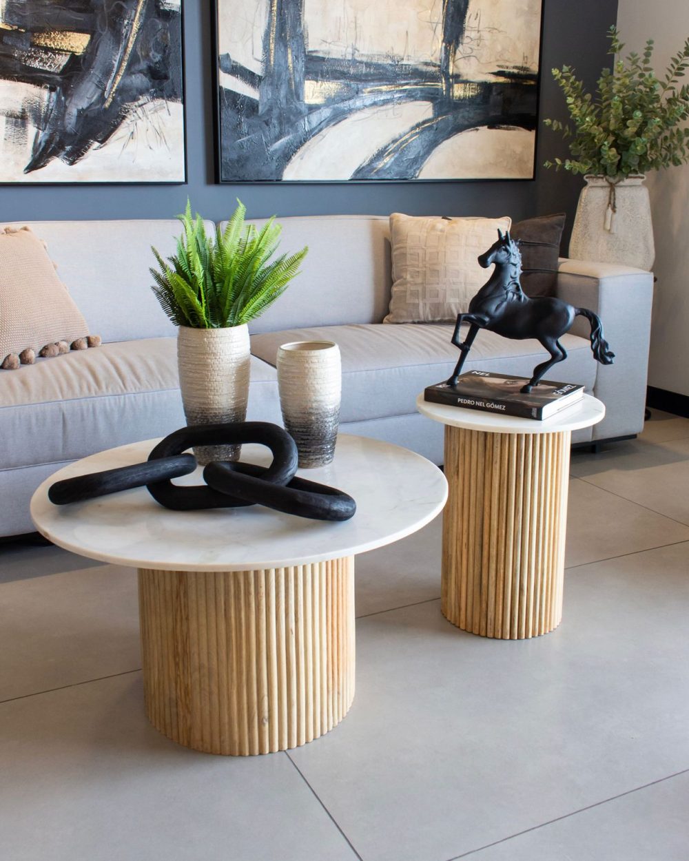 Mesa     de Centro en Madera y Mármol Blanco Grande