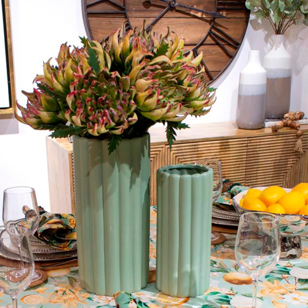 Jarrón  Acanalado en Cerámica Verde Grande