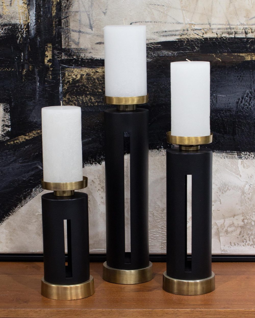 Candelabros Hibbing en Hierro Negro y Dorado Set de 3