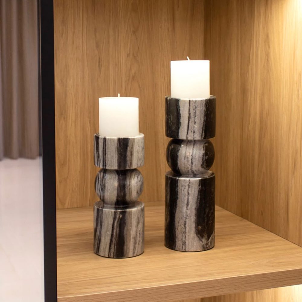 Set de 2 Candelabros en Mármol Himalayo Blanco y Negro