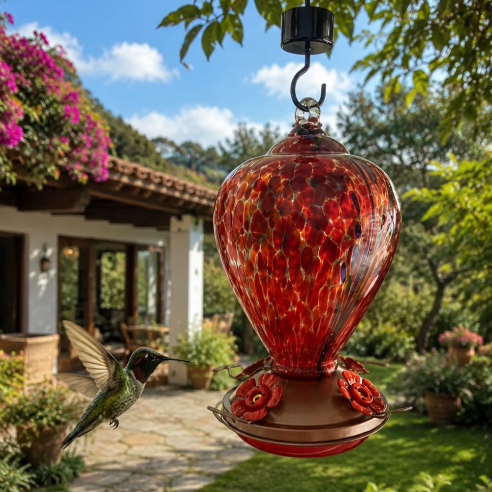 #    5 Alimentador de Colibrí Gota en Tonos Carmesí, Verde Esmeralda, Azul y Toques Blancos
