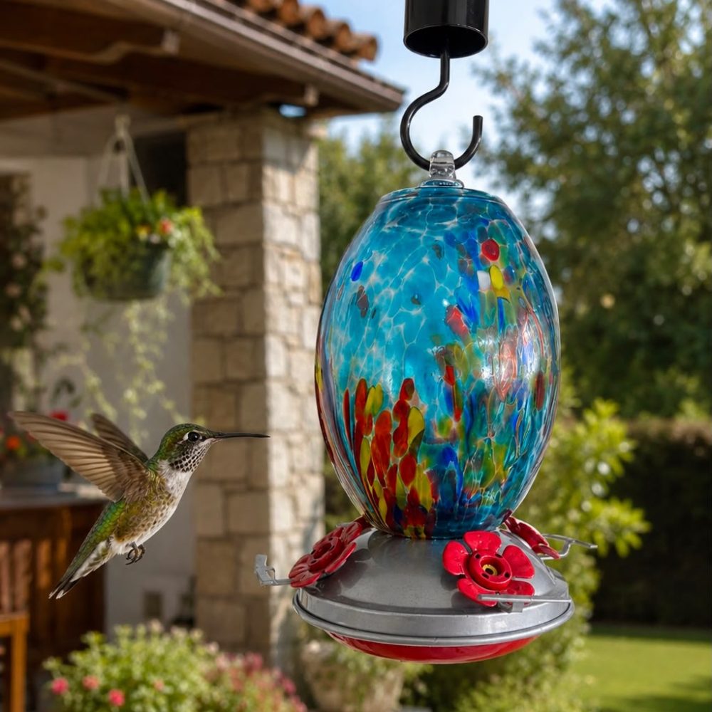 #32 Alimentador de Colibrí Ovalado en Tonos Rojo, Amarillo, Azules, Púrpura y Blanco