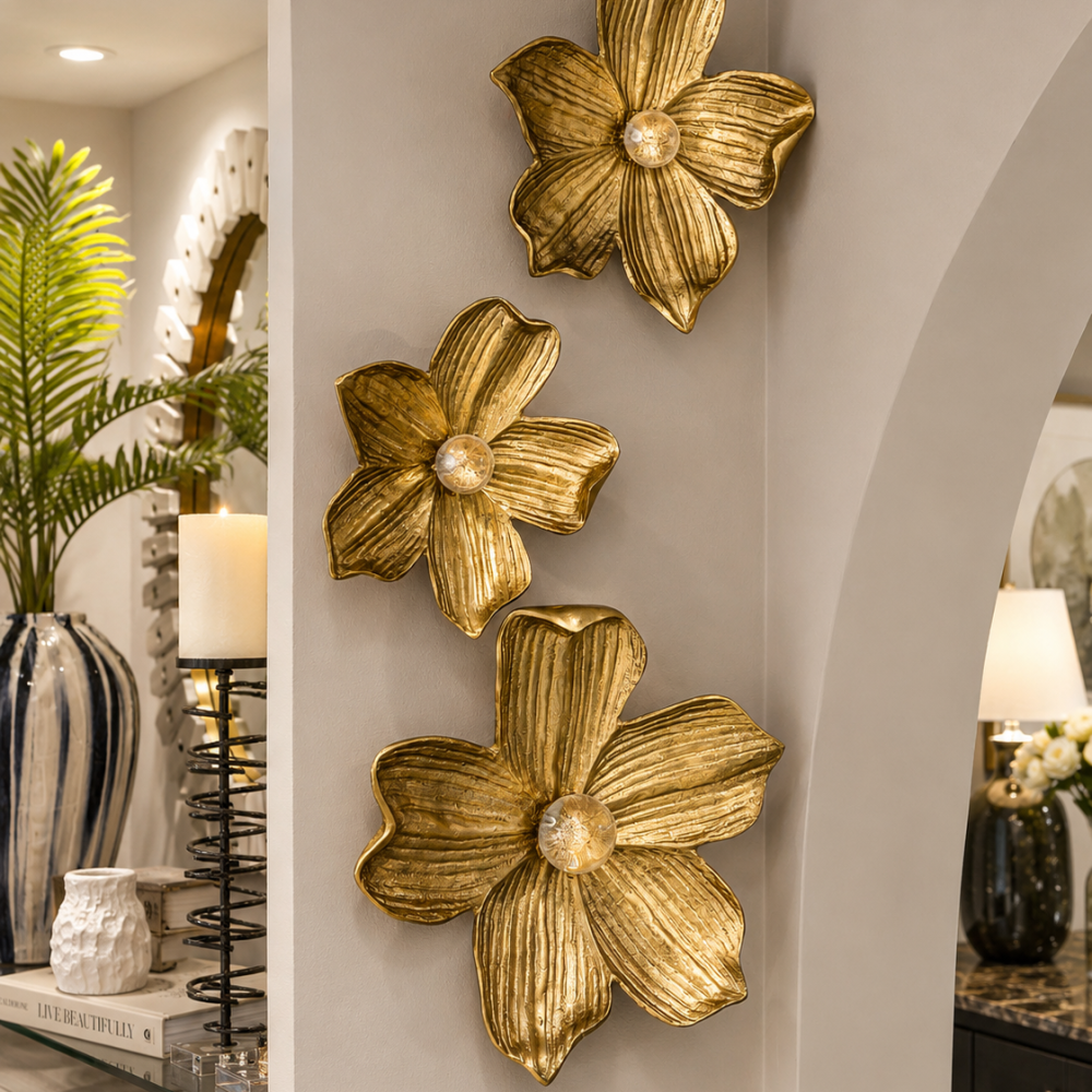 Apliques                            de Pared Flores Doradas Set X3