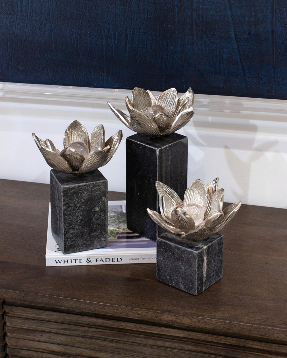 Set 3 Esculturas «Darby» Flor de Loto Color Plateado