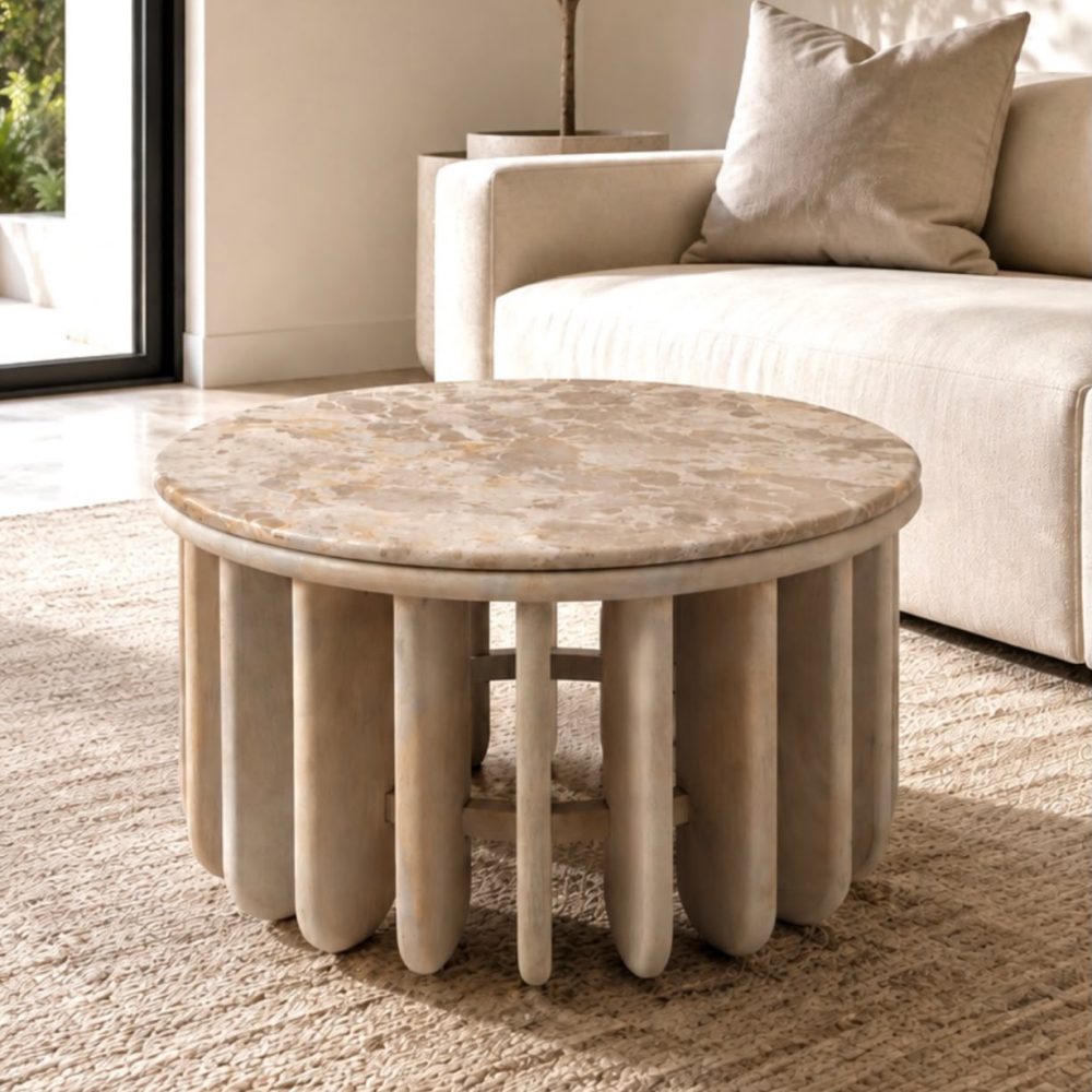 Mesa                                de Centro con Base de Listones y Cubierta de Mármol
