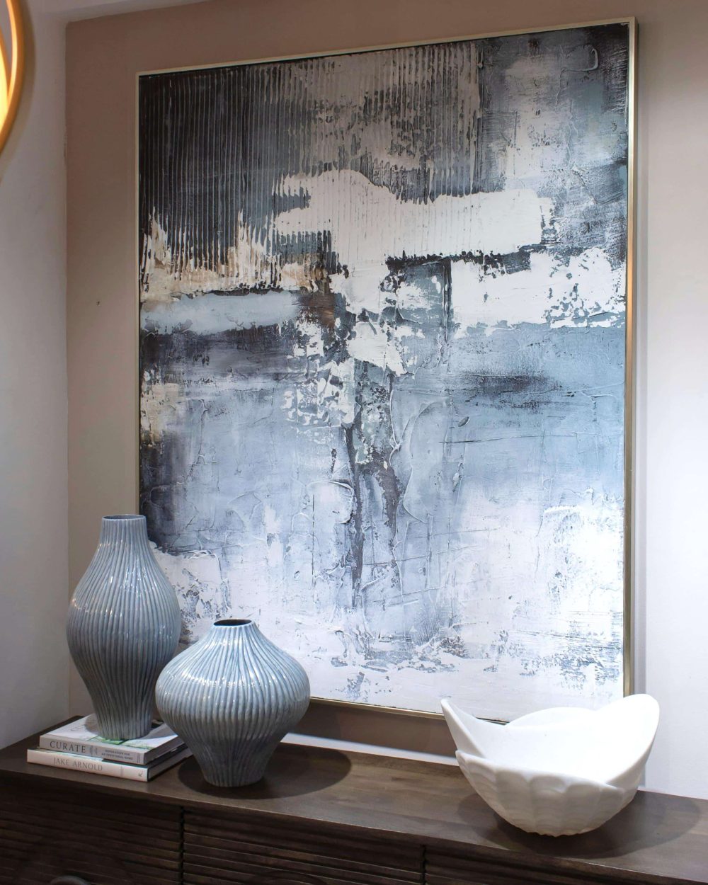 Cuadro  Abstracto en Tonos Grises, Azules y Blanco Hueso 153cm x 123cm