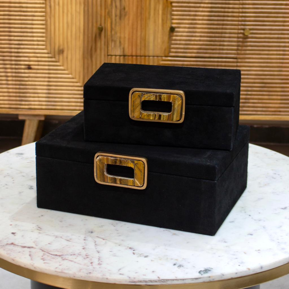 Caja Decorativa Lawson en Gamuza con Herraje Ojo de Tigre Grande