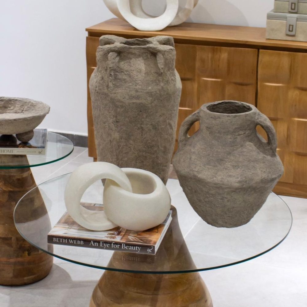 Jarrón Decorativo con Asas en Papel Maché Taupe Mediano