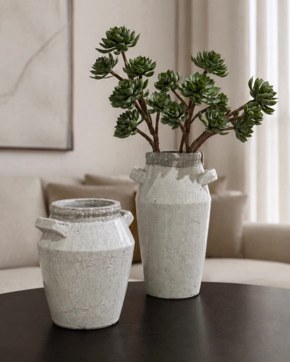 Jarrón Decorativo con Asas Cuadradas Acabado Craquelado Grande