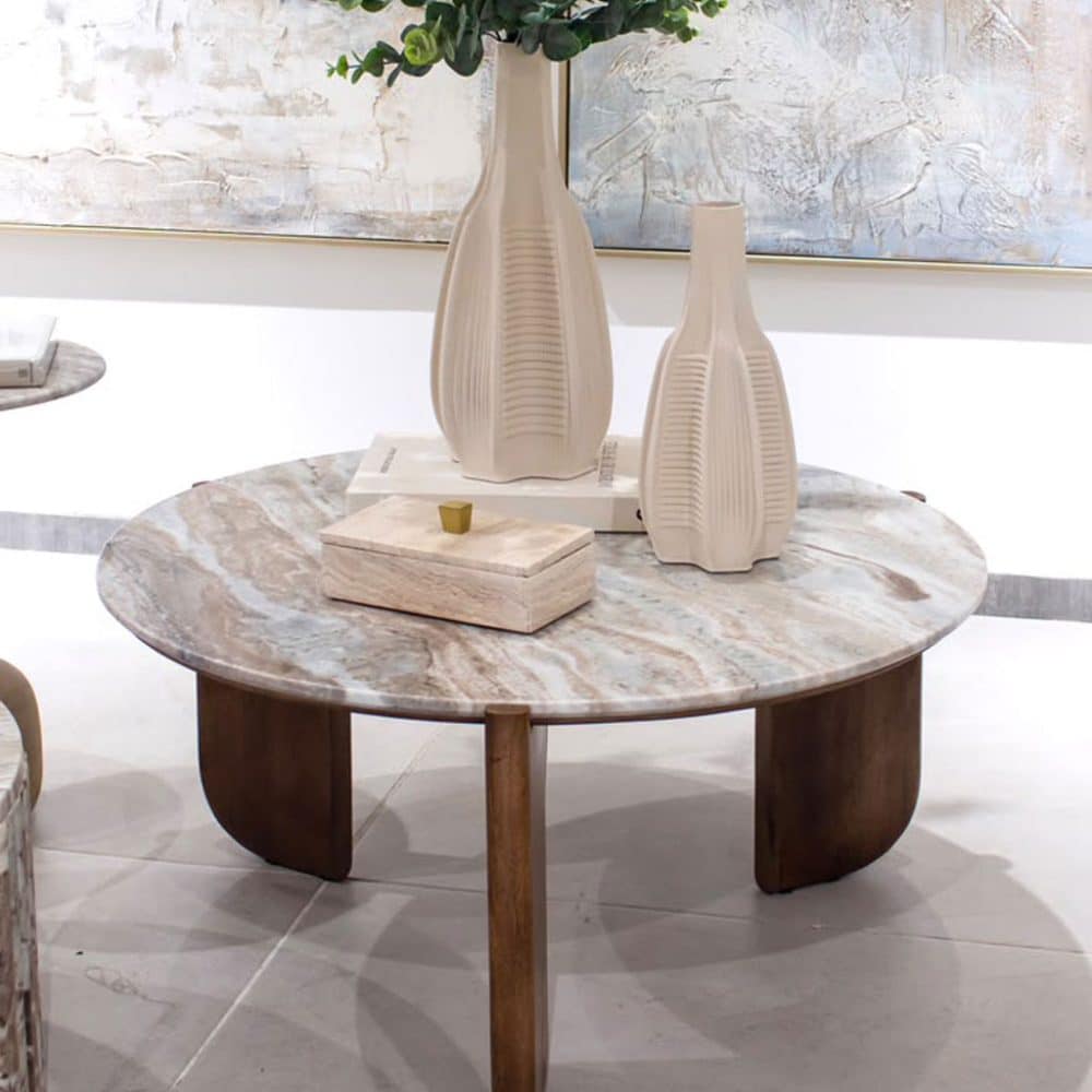 Mesa de Centro de Madera y Mármol Beige y Café
