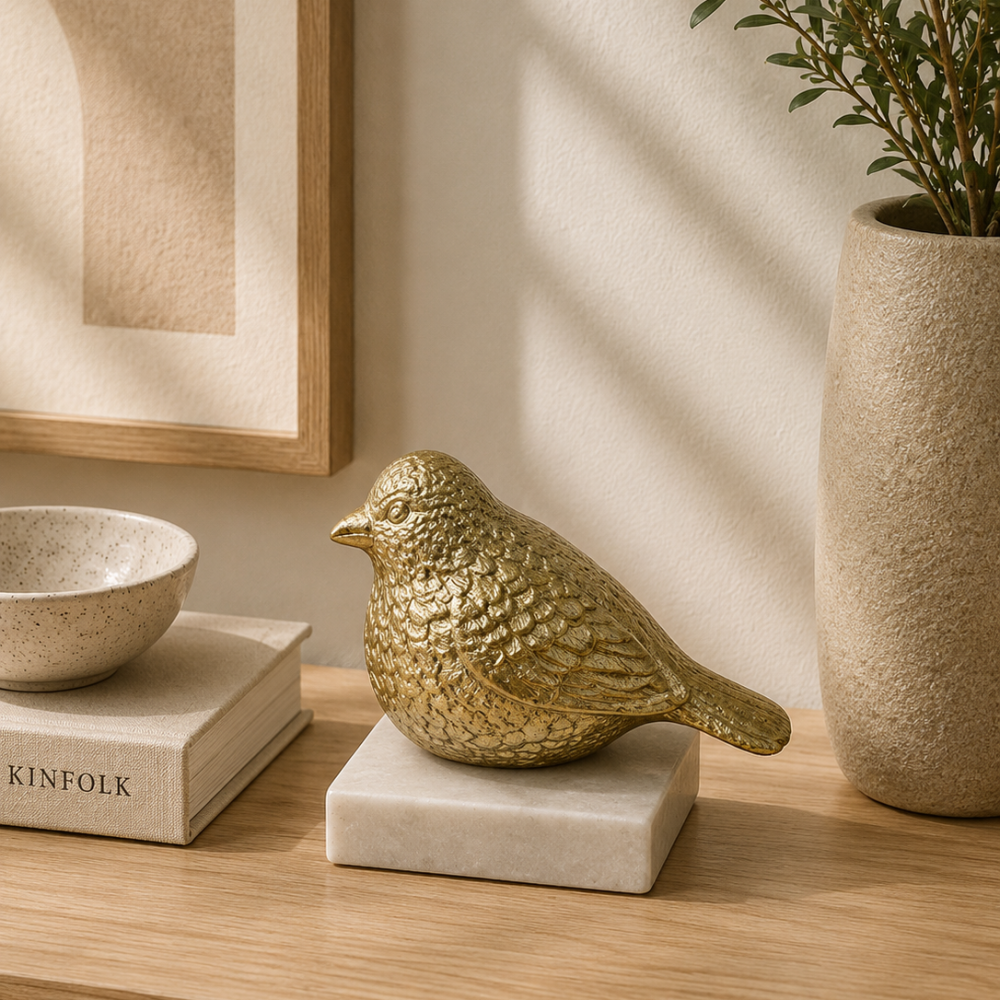 Accesorio Decorativo Pajarito Dorado con Base de Mármol Pequeño