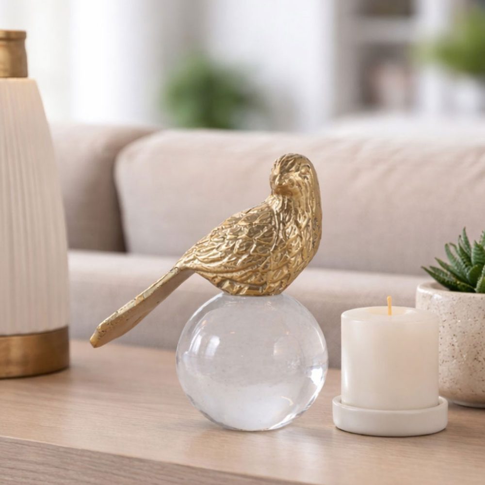 Accesorio Decorativo Pajarito Dorado sobre Esfera Acrílica