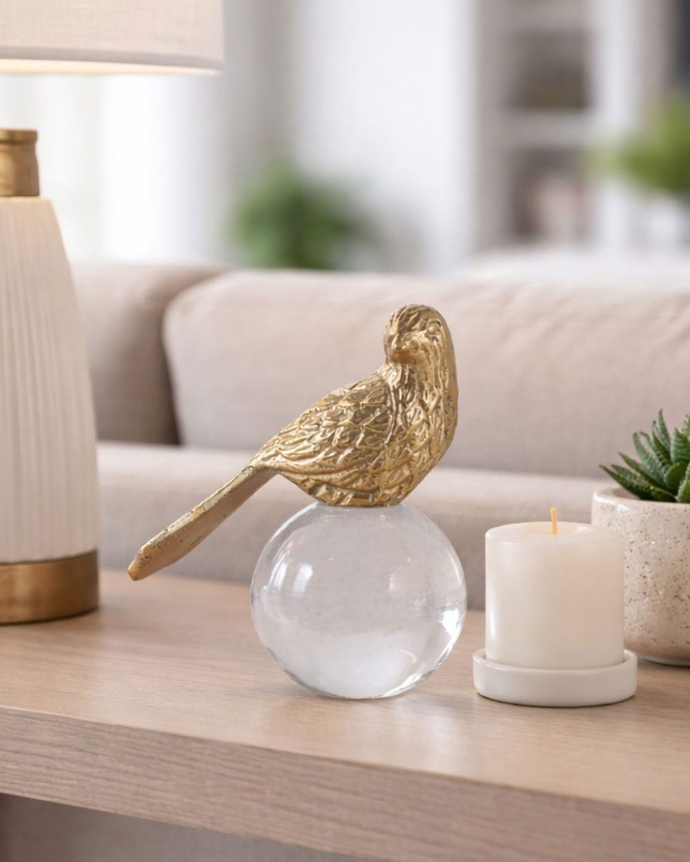 Accesorio Decorativo Pajarito Dorado sobre Esfera Acrílica