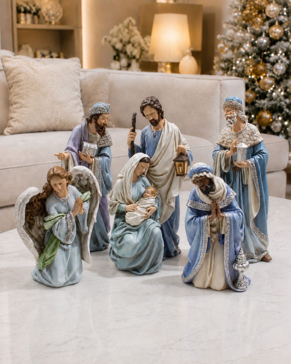 Pesebre de 5 Piezas en Tonos Azules 38cm alto