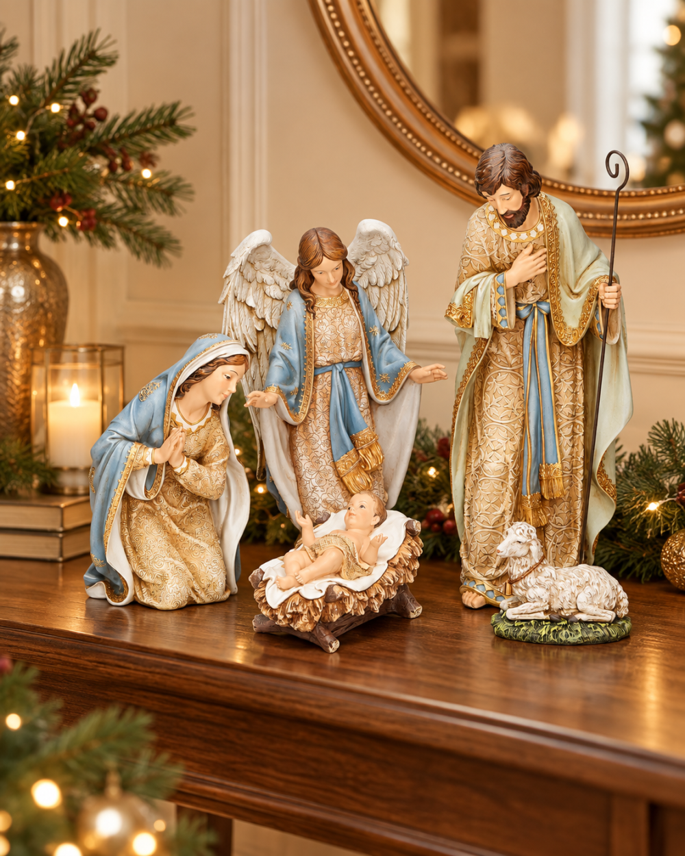 Pesebre de 5 piezas en Tonos Dorado y Azul 55cm alto