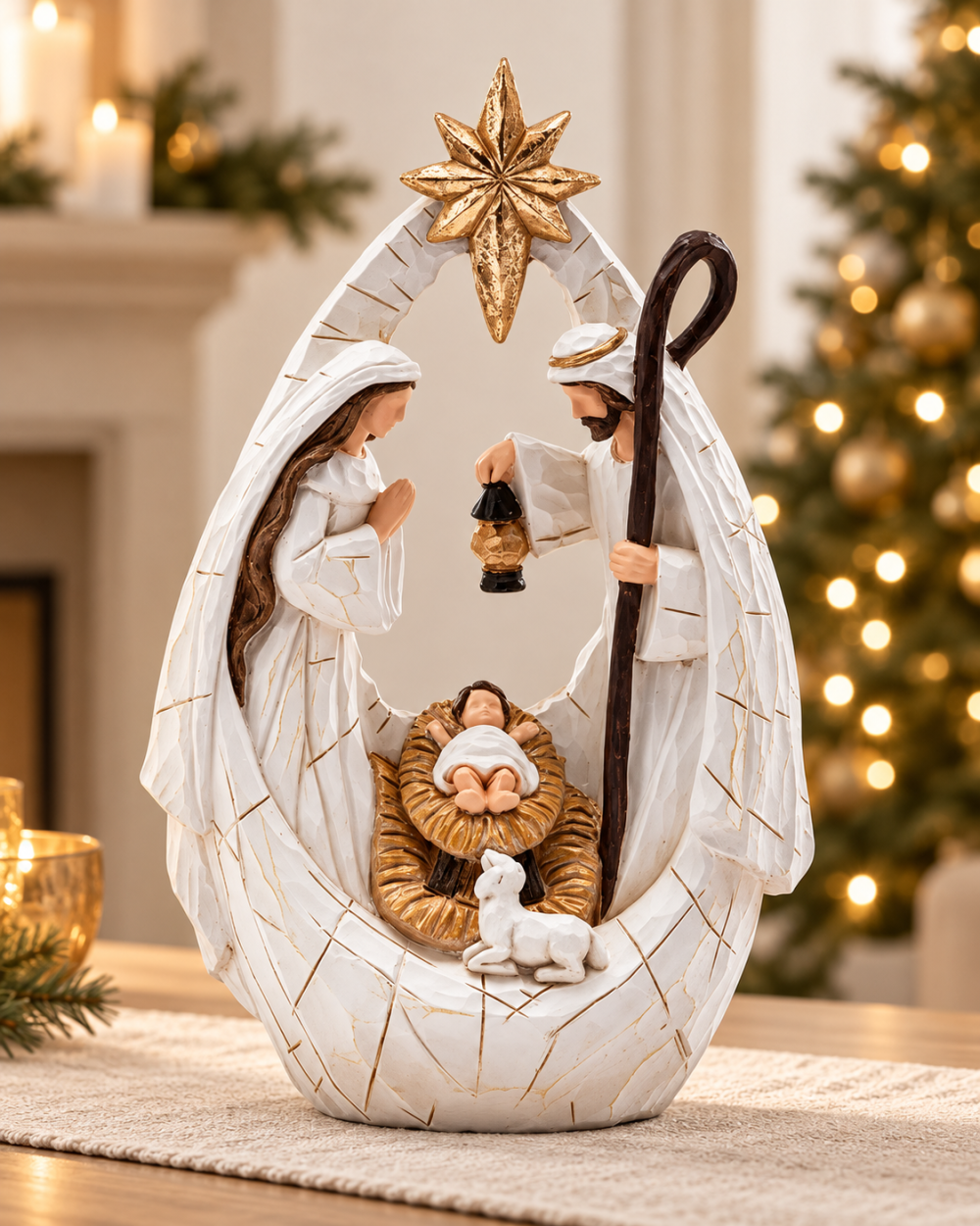 Nacimiento con Estrella de Belén Tonos Blanco y Dorado 20cm Alto