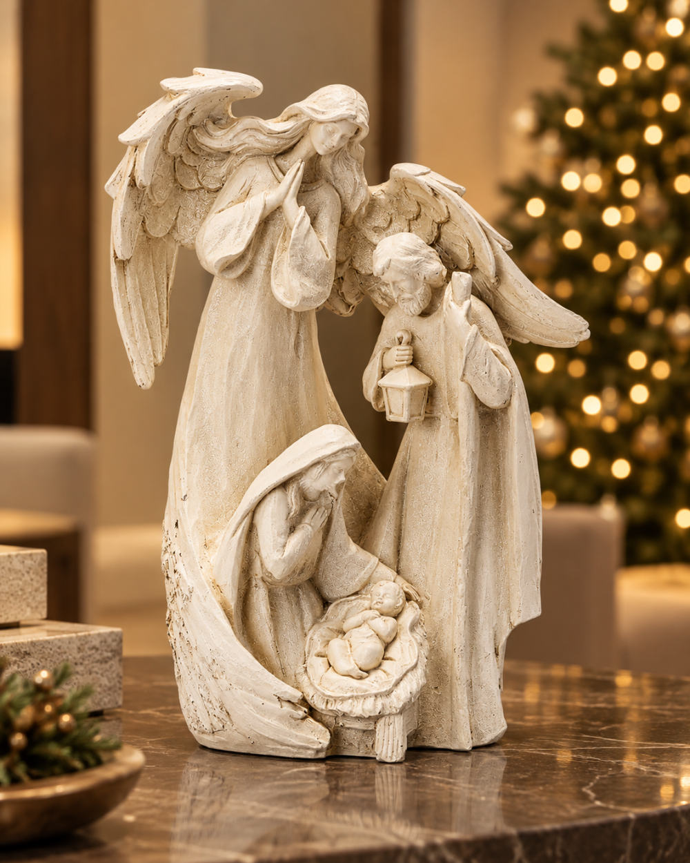 Sagrada Familia con Ángel Guardián en Tono Marfil 35cm alto